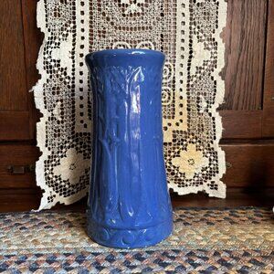 Zanesville Blue Gloss Pottery Vase With Embossed Flower Design 10" Tall Shape 57